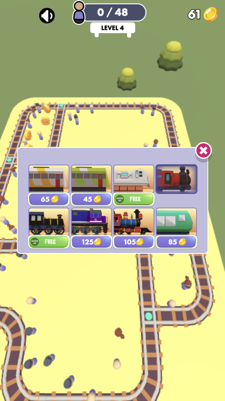 Train Master route puzzle showing a longer train and passenger groups beside the track